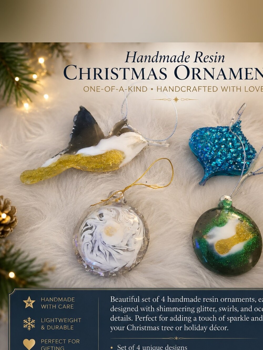Handmade Resin Christmas Ornaments - Set of 4 (Blue, Gold, White, Green)